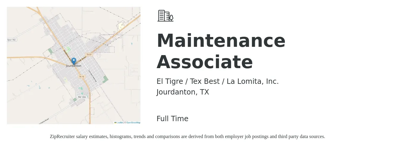 El Tigre / Tex Best / La Lomita, Inc. job posting for a Maintenance Associate in Jourdanton, TX with a salary of $14 to $19 Hourly with a map of Jourdanton location.