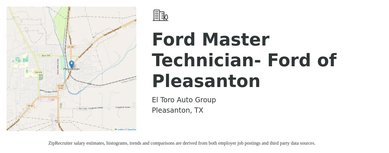 El Toro Auto Group job posting for a Ford Master Technician- Ford of Pleasanton in Pleasanton, TX with a salary of $30 to $43 Hourly with a map of Pleasanton location.