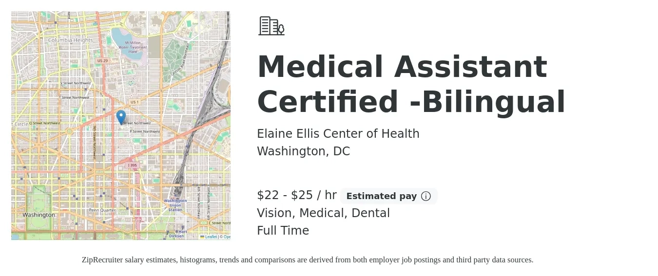 Elaine Ellis Center of Health job posting for a Medical Assistant Certified -Bilingual in Washington, DC with a salary of $23 to $27 Hourly and benefits including dental, life_insurance, medical, retirement, and vision with a map of Washington location.