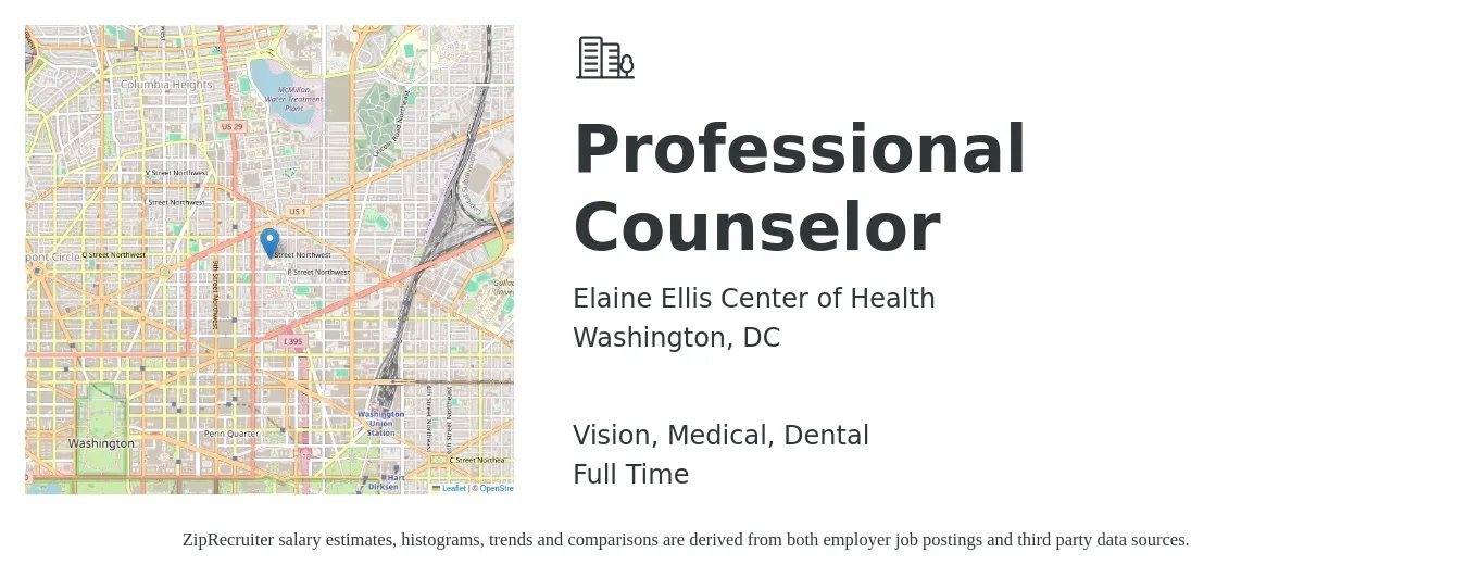 Elaine Ellis Center of Health job posting for a Professional Counselor in Washington, DC with a salary of $66,300 to $90,600 Yearly and benefits including dental, life_insurance, medical, pto, retirement, and vision with a map of Washington location.