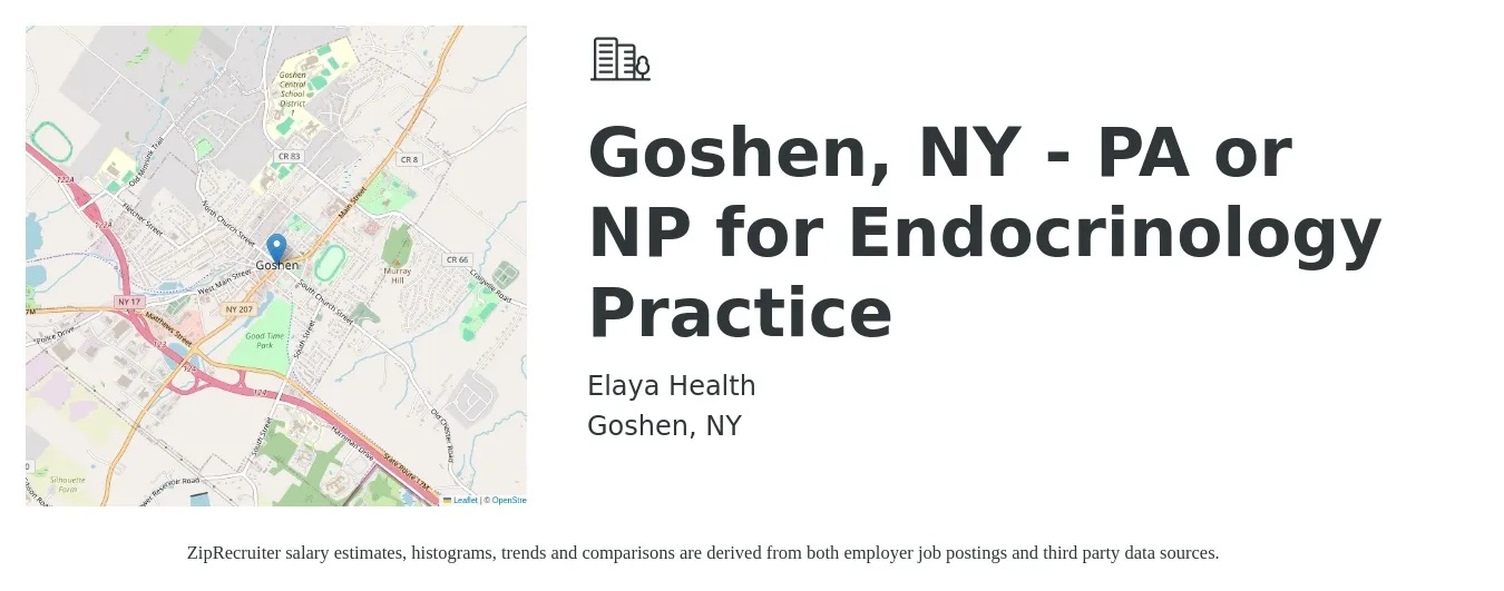 Elaya Health job posting for a Goshen, NY - PA or NP for Endocrinology Practice in Goshen, NY with a salary of $90 Hourly with a map of Goshen location.