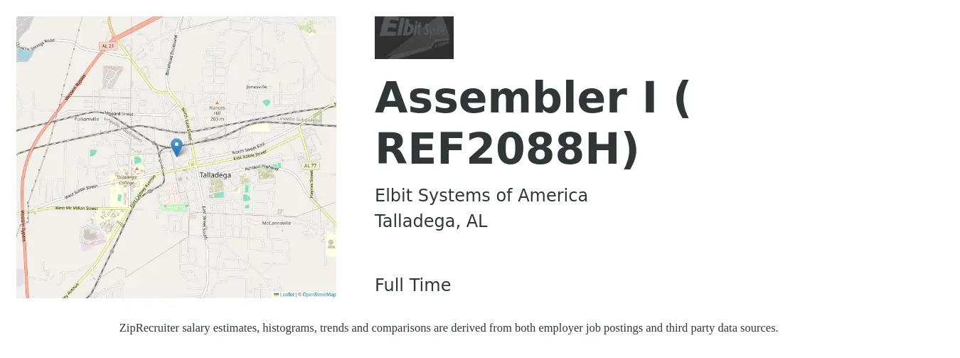 Elbit Systems of America job posting for a Assembler I ( REF2088H) in Talladega, AL with a salary of $15 to $18 Hourly with a map of Talladega location.