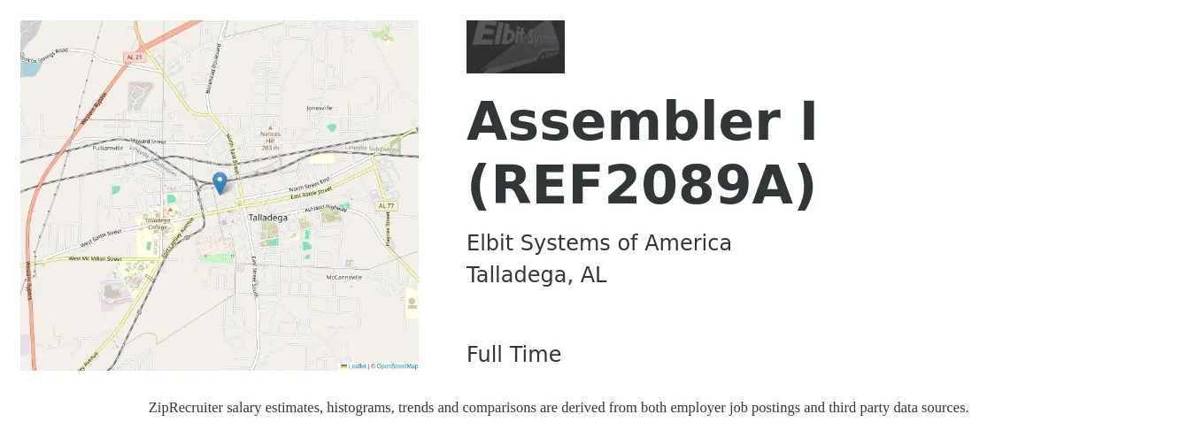 Elbit Systems of America job posting for a Assembler I (REF2089A) in Talladega, AL with a salary of $15 to $18 Hourly with a map of Talladega location.