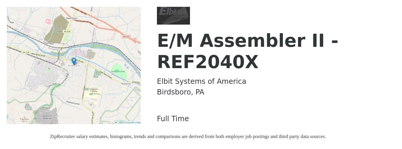 Elbit Systems of America job posting for a E/M Assembler II - REF2040X in Birdsboro, PA with a salary of $18 to $22 Hourly with a map of Birdsboro location.