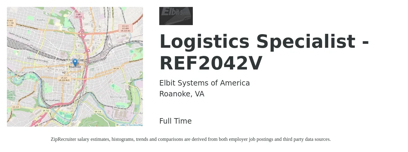 Elbit Systems of America job posting for a Logistics Specialist - REF2042V in Roanoke, VA with a salary of $17 to $26 Hourly with a map of Roanoke location.