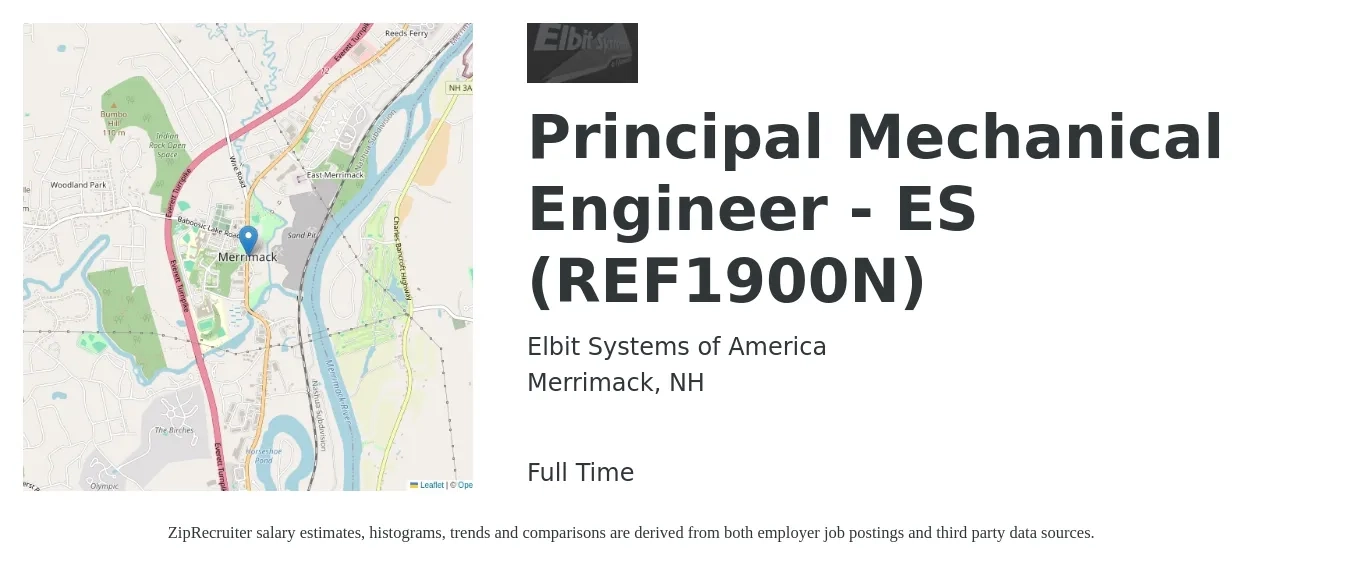 Elbit Systems of America job posting for a Principal Mechanical Engineer - ES (REF1900N) in Merrimack, NH with a salary of $139,200 to $159,700 Yearly with a map of Merrimack location.