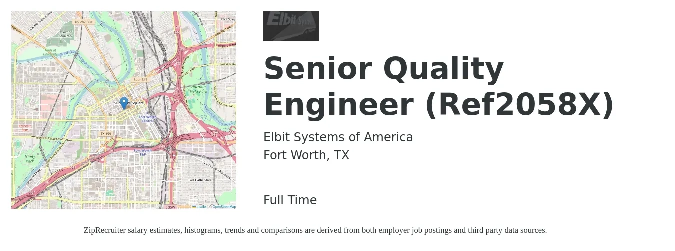 Elbit Systems of America job posting for a Senior Quality Engineer (Ref2058X) in Fort Worth, TX with a salary of $84,700 to $114,900 Yearly with a map of Fort Worth location.