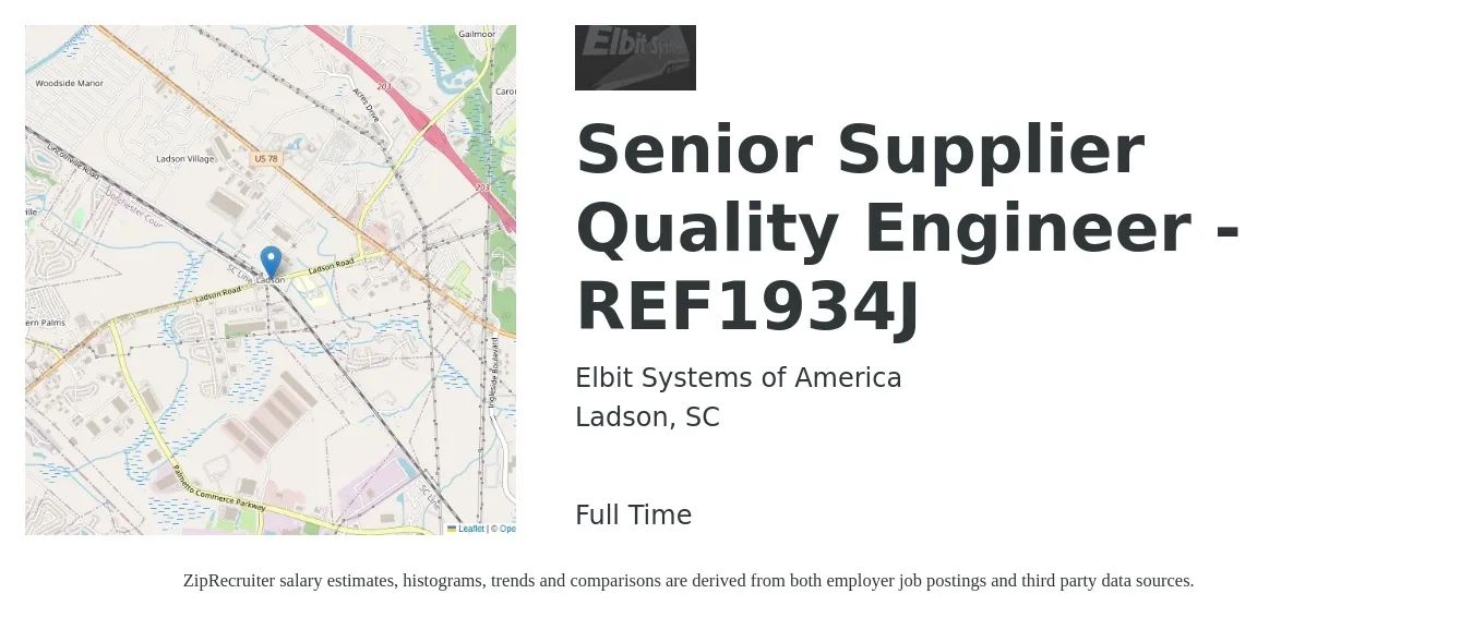 Elbit Systems of America job posting for a Senior Supplier Quality Engineer - REF1934J in Ladson, SC with a salary of $49 to $58 Hourly with a map of Ladson location.