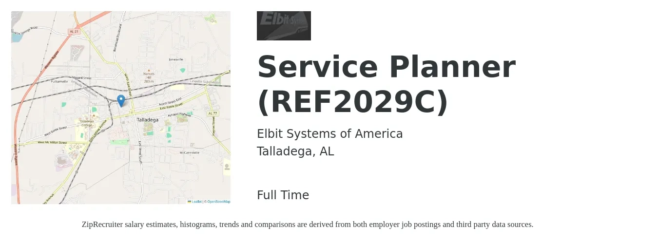 Elbit Systems of America job posting for a Service Planner (REF2029C) in Talladega, AL with a salary of $21 to $28 Hourly with a map of Talladega location.