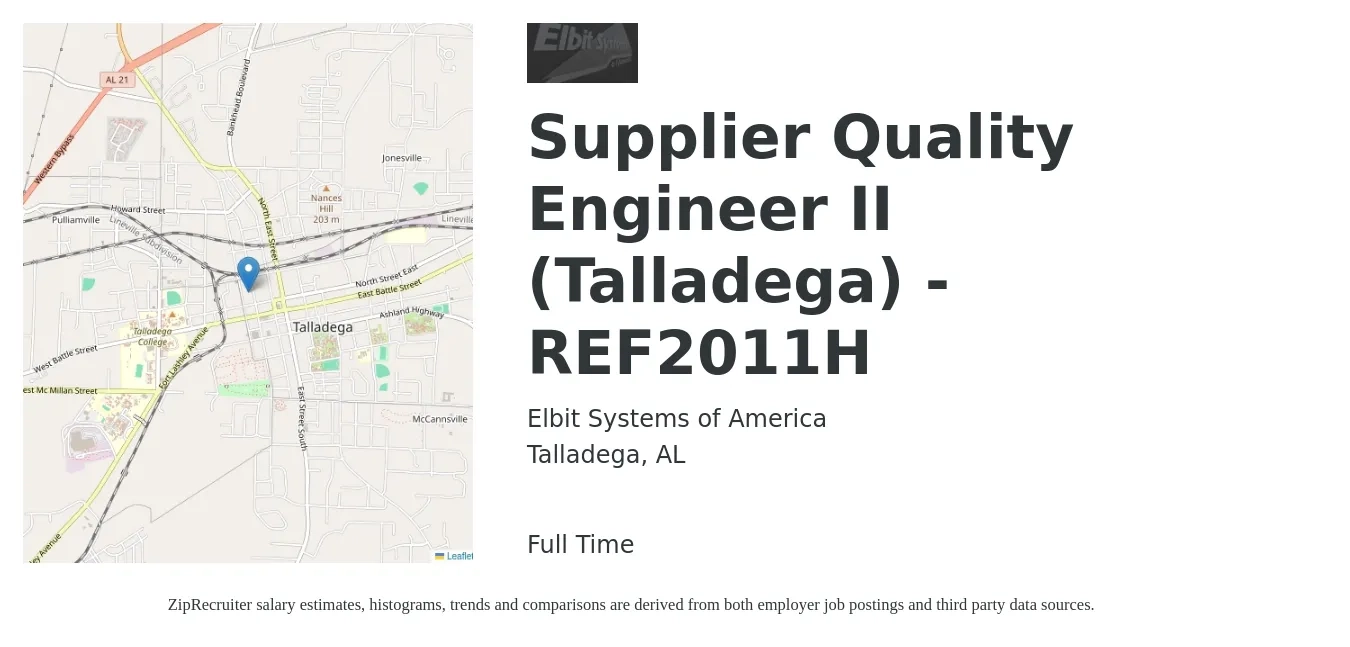 Elbit Systems of America job posting for a Supplier Quality Engineer II (Talladega) - REF2011H in Talladega, AL with a salary of $82,300 to $119,200 Yearly with a map of Talladega location.