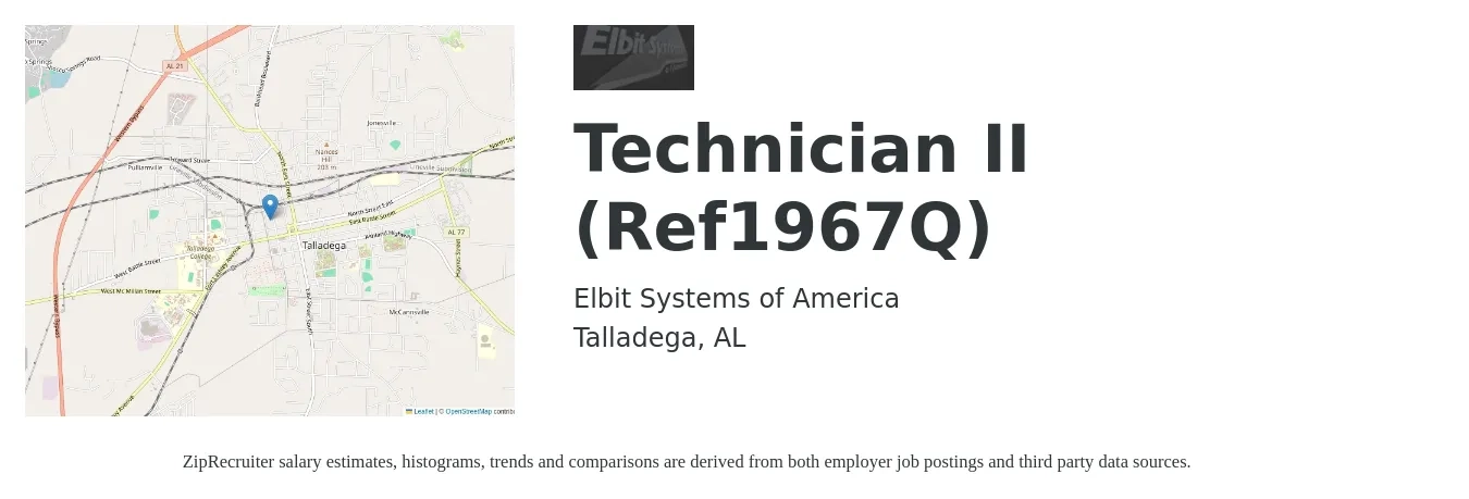 Elbit Systems of America job posting for a Technician II (Ref1967Q) in Talladega, AL with a salary of $42,500 to $64,700 Yearly with a map of Talladega location.