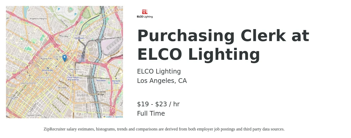 ELCO Lighting job posting for a Purchasing Clerk at ELCO Lighting in Los Angeles, CA with a salary of $20 to $24 Hourly with a map of Los Angeles location.