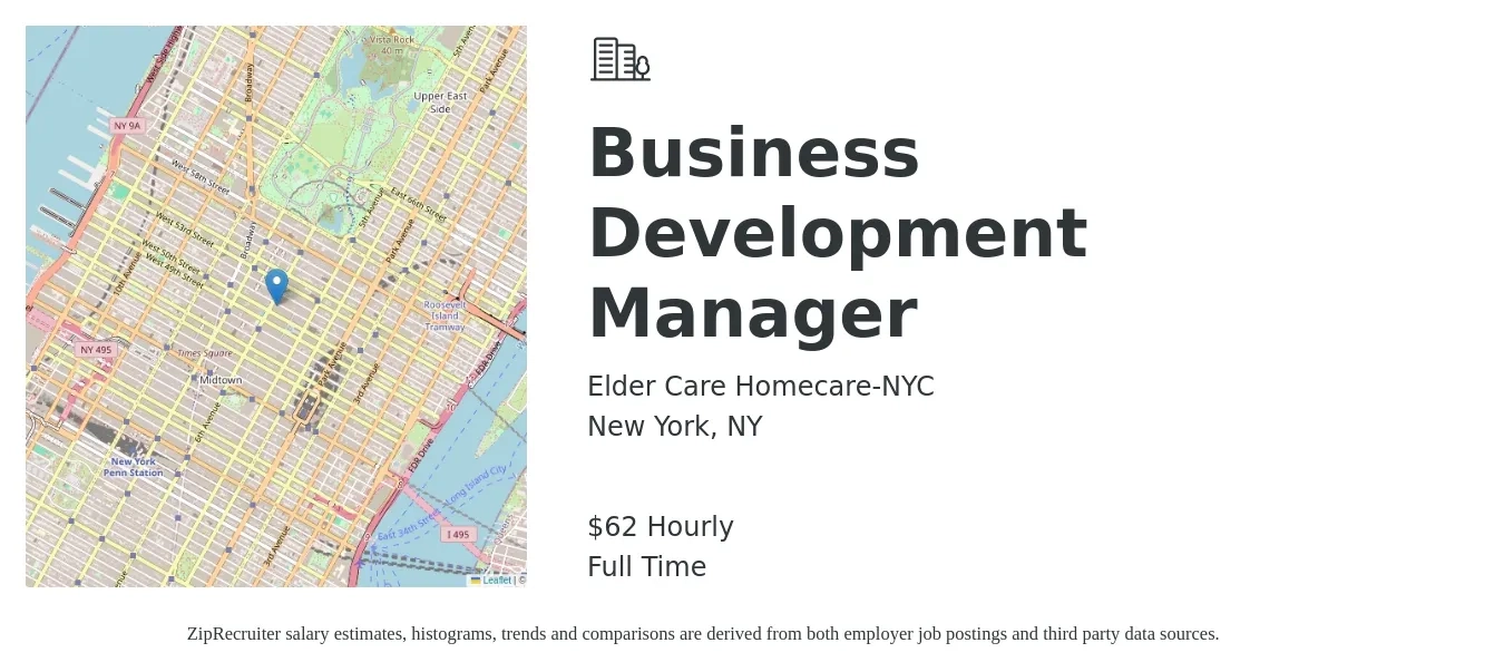 Elder Care Homecare-NYC job posting for a Business Development Manager in New York, NY with a salary of $65 Hourly with a map of New York location.