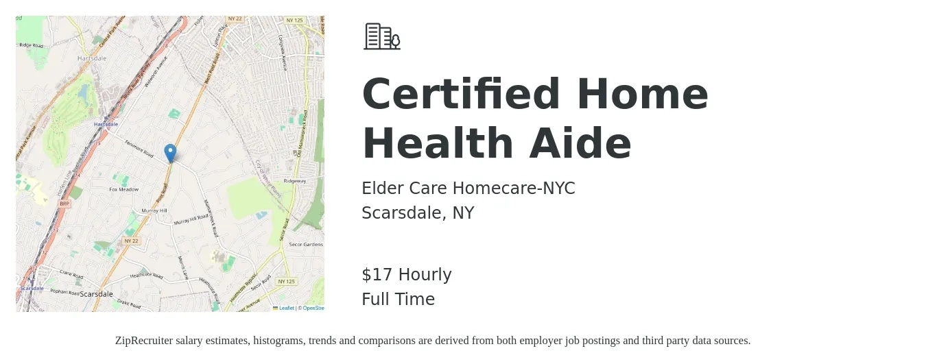 Elder Care Homecare-NYC job posting for a Certified Home Health Aide in Scarsdale, NY with a salary of $19 Hourly with a map of Scarsdale location.