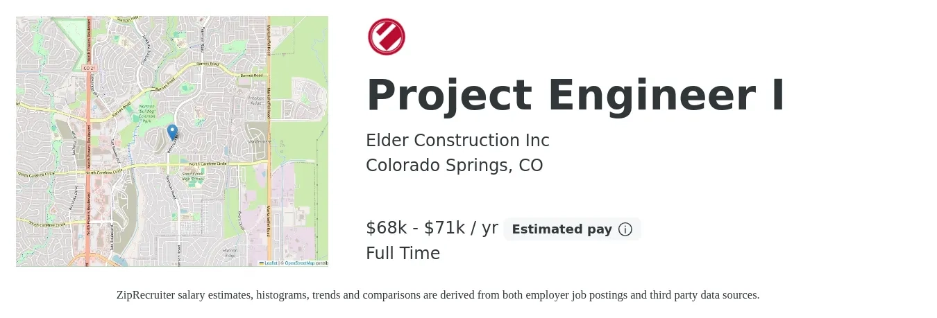 Elder Construction Inc job posting for a Project Engineer I in Colorado Springs, CO with a salary of $33 to $34 Hourly with a map of Colorado Springs location.