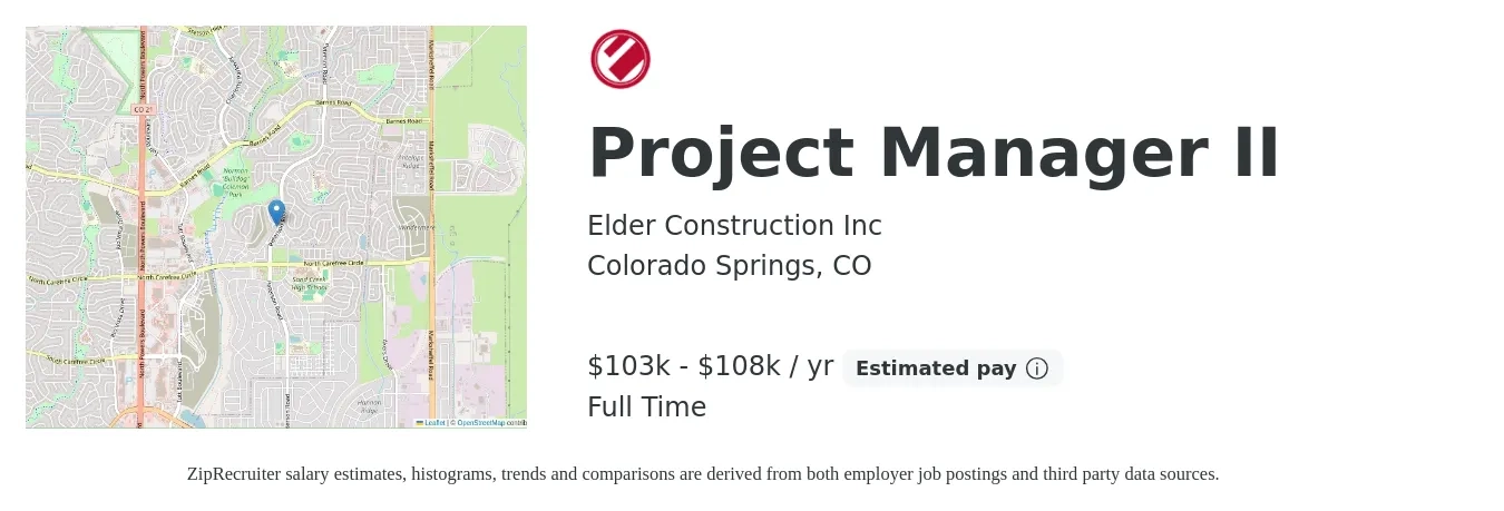Elder Construction Inc job posting for a Project Manager II in Colorado Springs, CO with a salary of $50 to $52 Hourly with a map of Colorado Springs location.