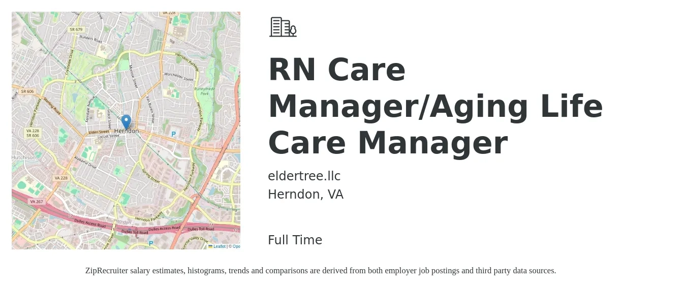 eldertree.llc job posting for a RN Care Manager/Aging Life Care Manager in Herndon, VA with a salary of $80,000 to $90,000 Yearly with a map of Herndon location.