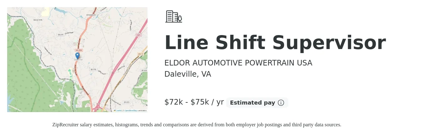 ELDOR AUTOMOTIVE POWERTRAIN USA job posting for a Line Shift Supervisor in Daleville, VA with a salary of $72,000 to $75,000 Yearly with a map of Daleville location.