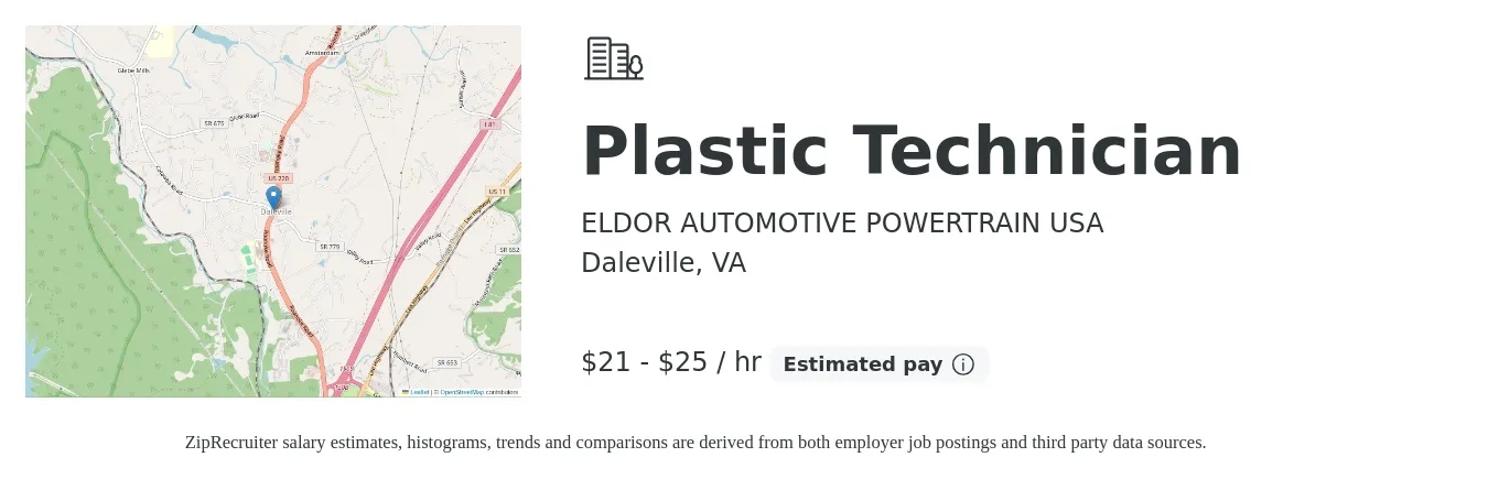 ELDOR AUTOMOTIVE POWERTRAIN USA job posting for a Plastic Technician in Daleville, VA with a salary of $22 to $26 Hourly with a map of Daleville location.