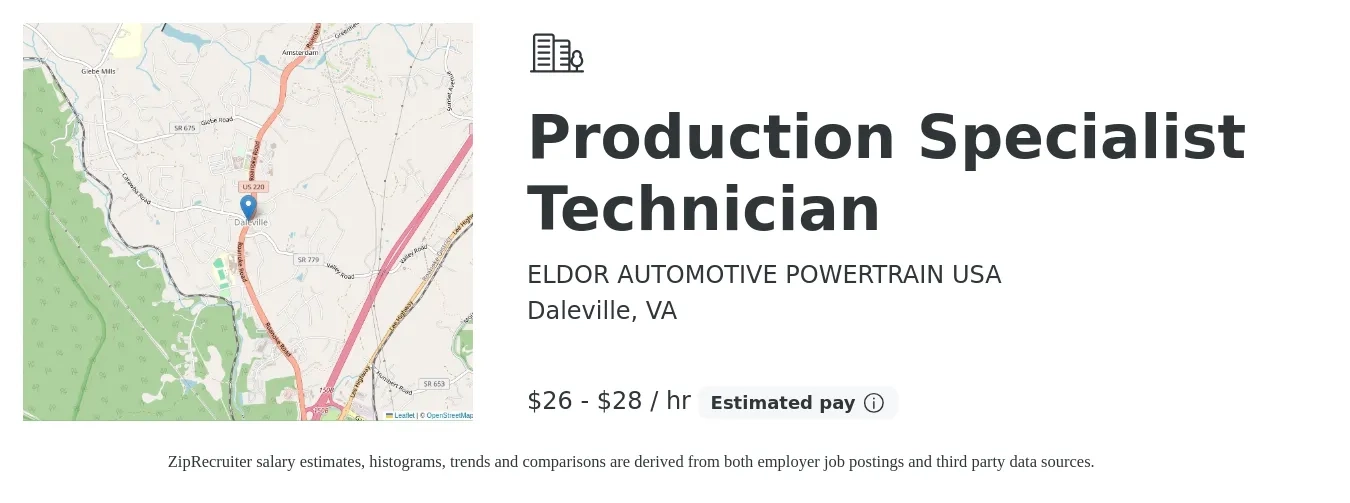ELDOR AUTOMOTIVE POWERTRAIN USA job posting for a Production Specialist Technician in Daleville, VA with a salary of $28 to $30 Hourly with a map of Daleville location.