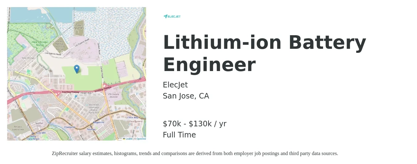 ElecJet job posting for a Lithium-ion Battery Engineer in San Jose, CA with a salary of $70,000 to $130,000 Yearly with a map of San Jose location.