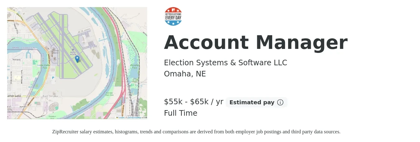 Election Systems & Software LLC job posting for a Account Manager in Omaha, NE with a salary of $55,000 to $65,000 Yearly with a map of Omaha location.