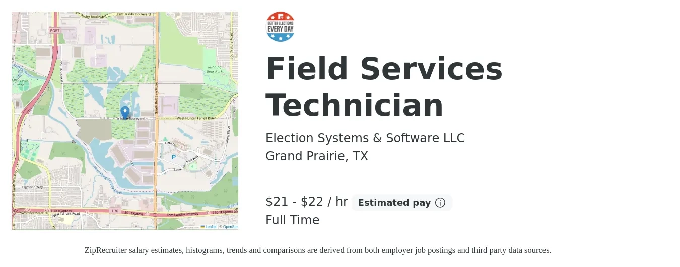 Election Systems & Software LLC job posting for a Field Services Technician in Grand Prairie, TX with a salary of $22 to $23 Hourly with a map of Grand Prairie location.