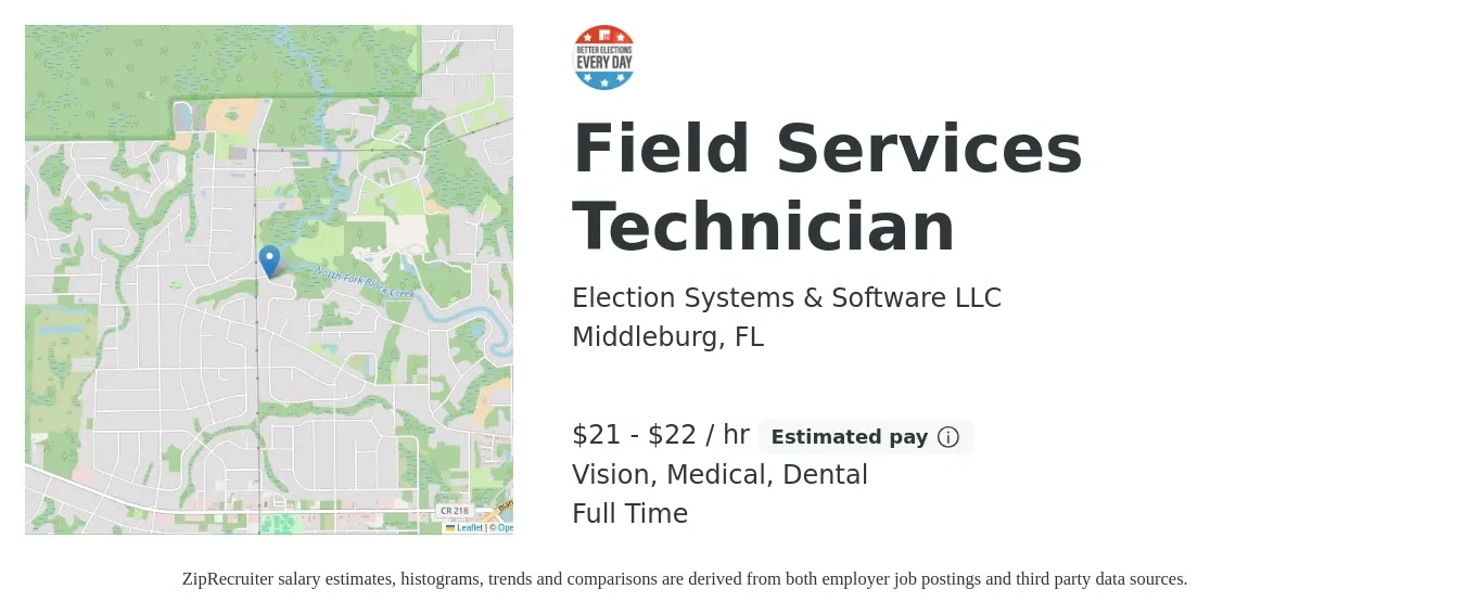 Election Systems & Software LLC job posting for a Field Services Technician in Middleburg, FL with a salary of $22 to $23 Hourly and benefits including dental, life_insurance, medical, retirement, and vision with a map of Middleburg location.