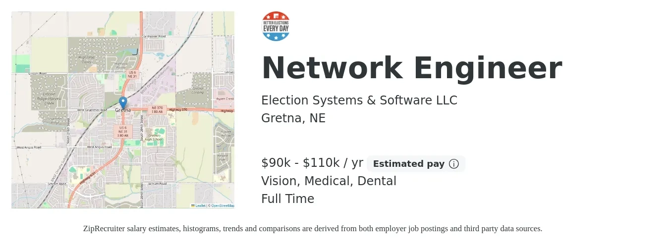 Election Systems & Software LLC job posting for a Network Engineer in Gretna, NE with a salary of $90,000 to $110,000 Yearly and benefits including dental, life_insurance, medical, retirement, and vision with a map of Gretna location.