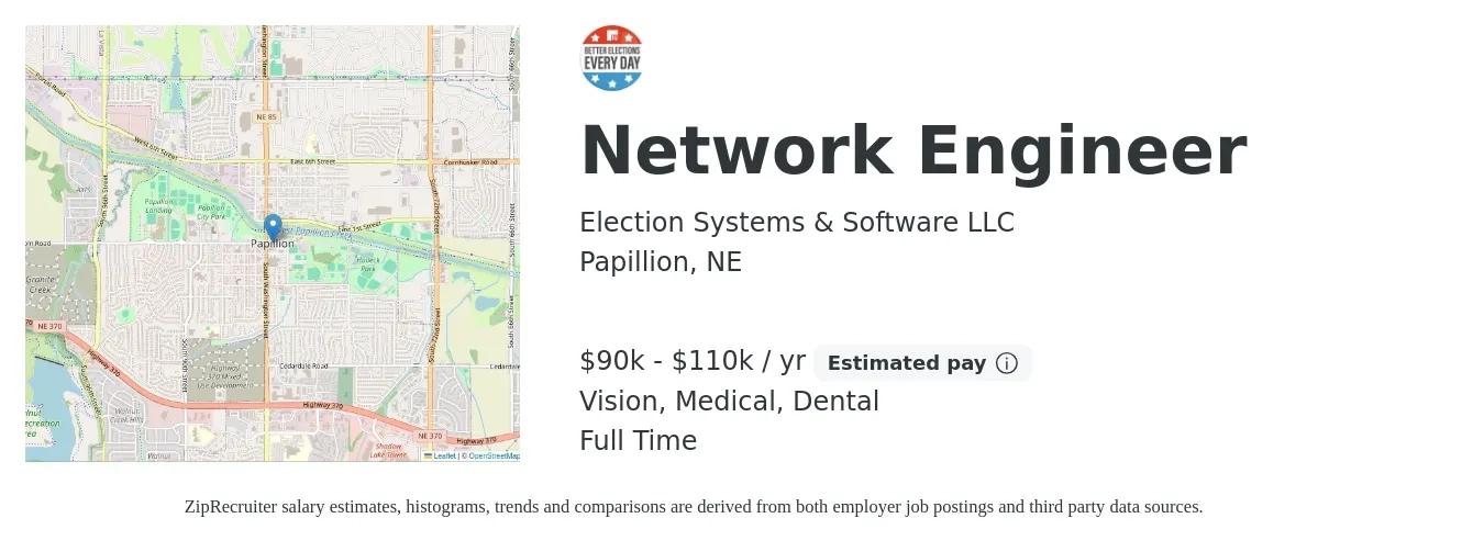 Election Systems & Software LLC job posting for a Network Engineer in Papillion, NE with a salary of $90,000 to $110,000 Yearly and benefits including dental, life_insurance, medical, retirement, and vision with a map of Papillion location.