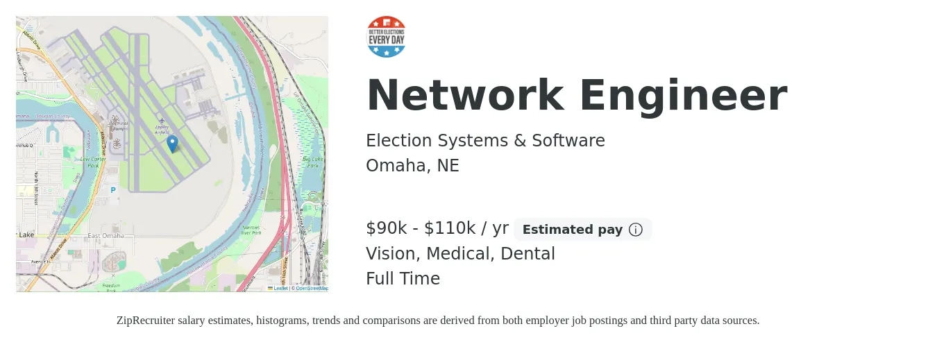 Election Systems & Software LLC job posting for a Network Engineer in Omaha, NE with a salary of $90,000 to $110,000 Yearly and benefits including medical, retirement, vision, dental, and life_insurance with a map of Omaha location.