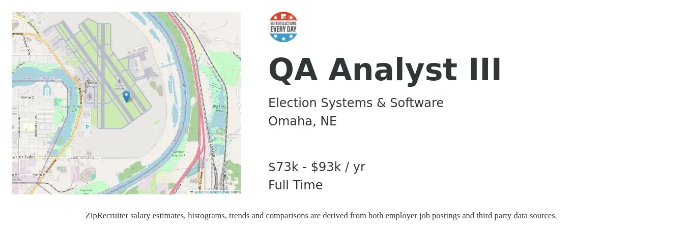 Election Systems & Software LLC job posting for a QA Analyst III in Omaha, NE with a salary of $73,320 to $93,000 Yearly with a map of Omaha location.