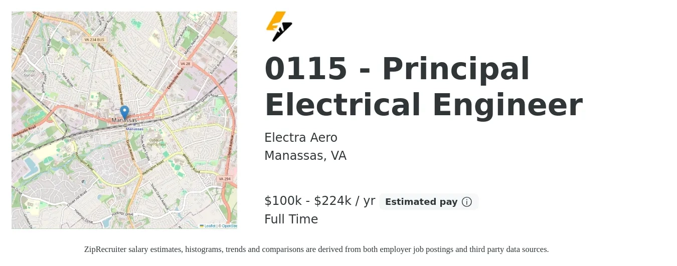 Electra Aero job posting for a 0115 - Principal Electrical Engineer in Manassas, VA with a salary of $139,000 to $170,000 Yearly with a map of Manassas location.
