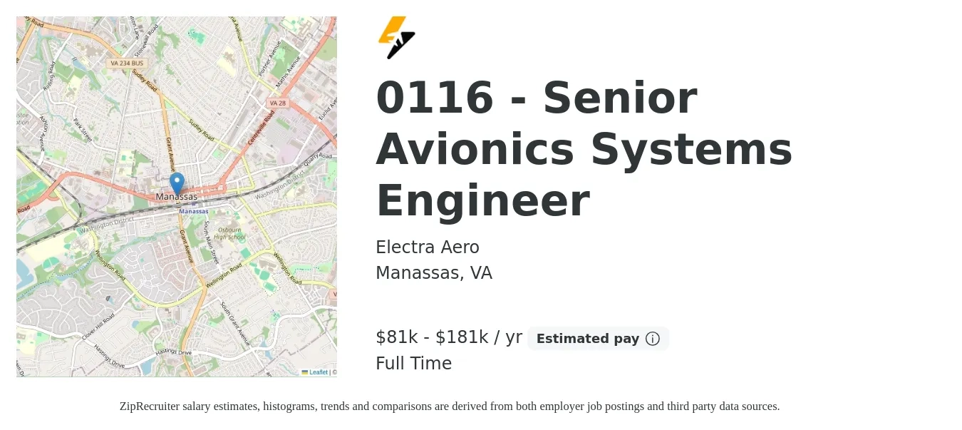 Electra Aero job posting for a 0116 - Senior Avionics Systems Engineer in Manassas, VA with a salary of $117,500 to $158,000 Yearly with a map of Manassas location.