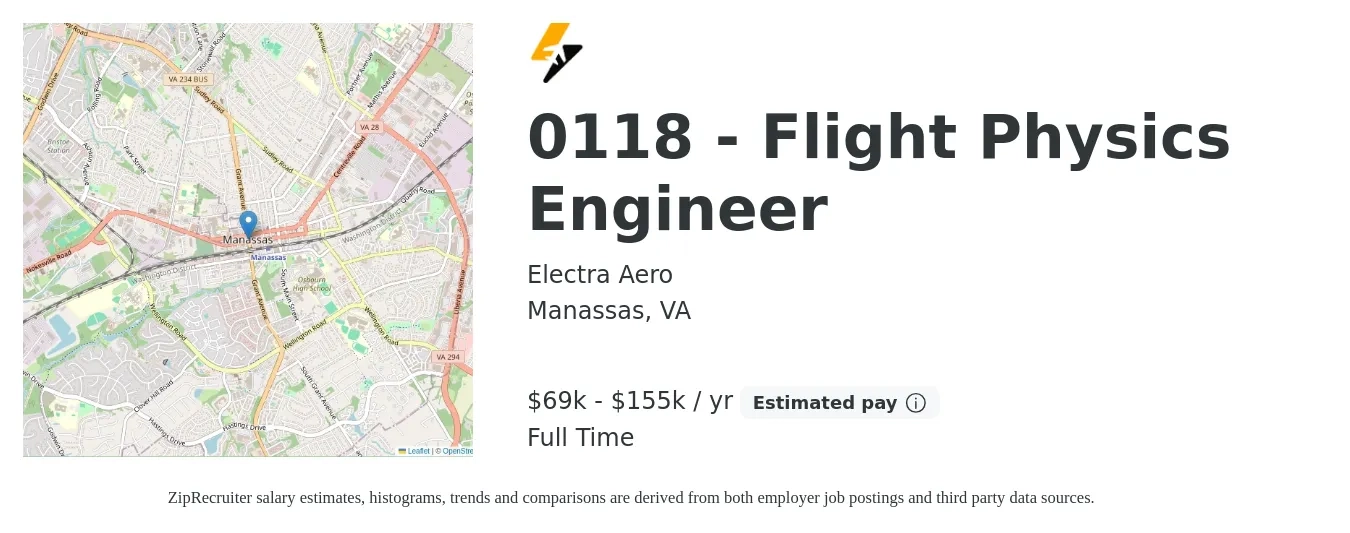 Electra Aero job posting for a 0118 - Flight Physics Engineer in Manassas, VA with a salary of $95,000 to $115,000 Yearly with a map of Manassas location.