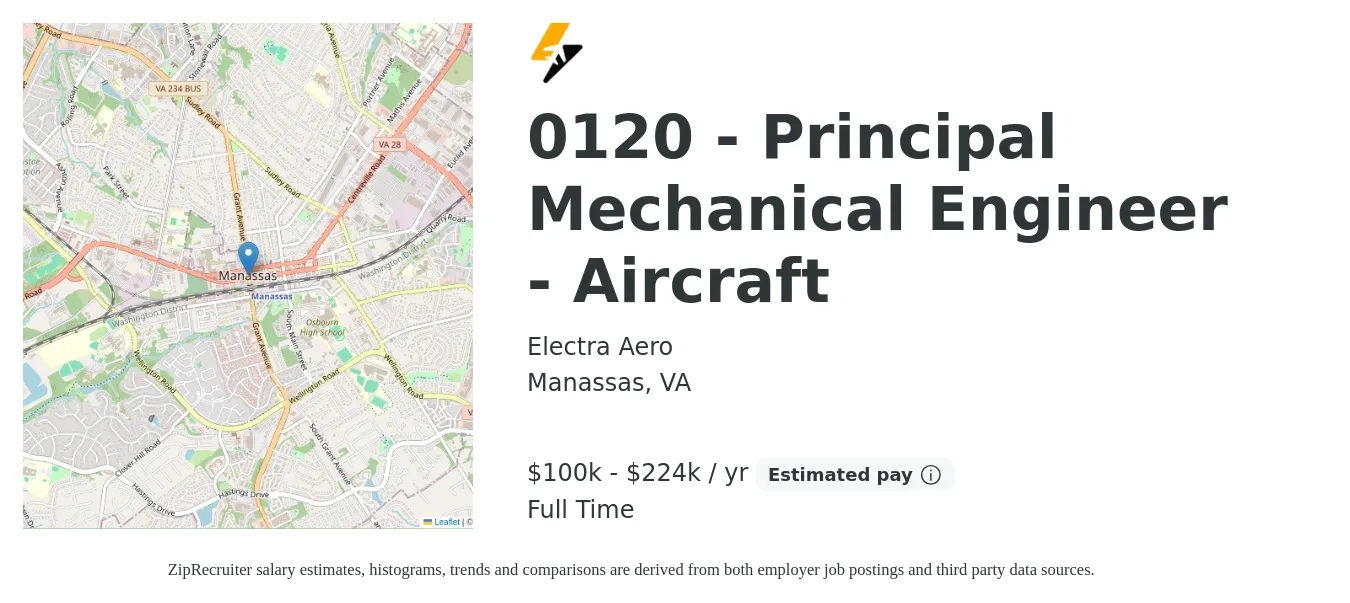 Electra Aero job posting for a 0120 - Principal Mechanical Engineer - Aircraft in Manassas, VA with a salary of $136,000 to $156,000 Yearly with a map of Manassas location.