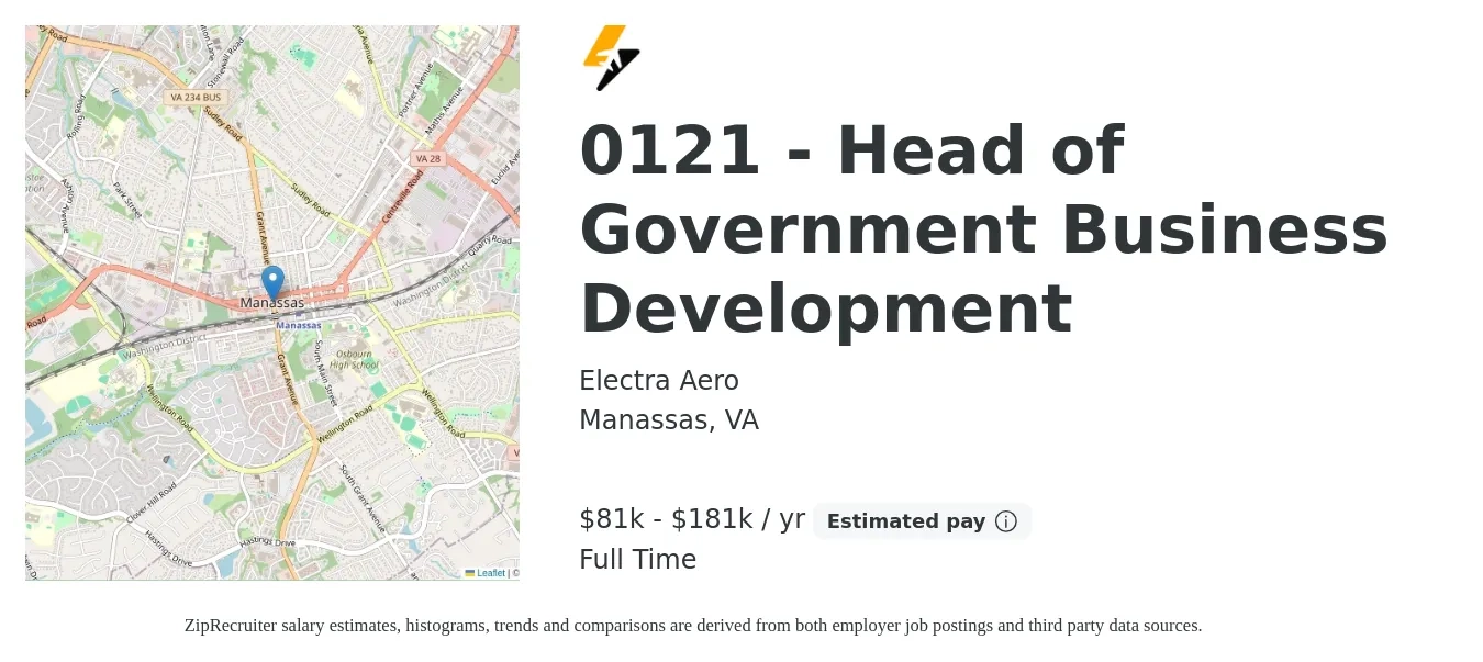 Electra Aero job posting for a 0121 - Head of Government Business Development in Manassas, VA with a salary of $93,500 to $151,500 Yearly with a map of Manassas location.