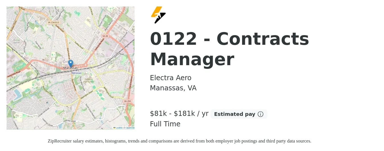 Electra Aero job posting for a 0122 - Contracts Manager in Manassas, VA with a salary of $89,000 to $119,000 Yearly with a map of Manassas location.