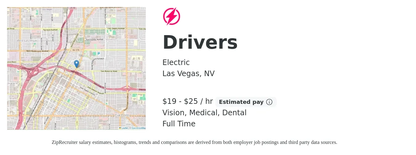 Electric job posting for a Drivers in Las Vegas, NV with a salary of $20 to $27 Hourly and benefits including dental, life_insurance, medical, retirement, and vision with a map of Las Vegas location.