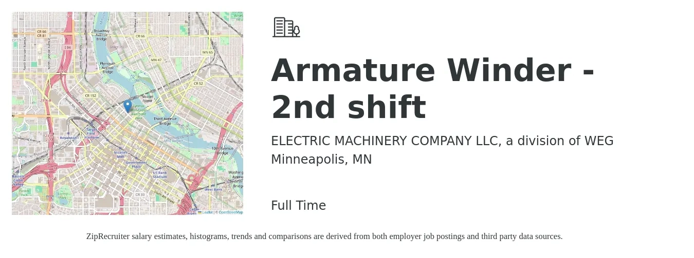ELECTRIC MACHINERY COMPANY LLC, a division of WEG job posting for a Armature Winder - 2nd shift in Minneapolis, MN with a salary of $2 Hourly with a map of Minneapolis location.