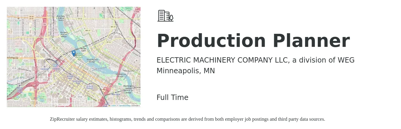 ELECTRIC MACHINERY COMPANY LLC, a division of WEG job posting for a Production Planner in Minneapolis, MN with a salary of $27 to $38 Hourly with a map of Minneapolis location.