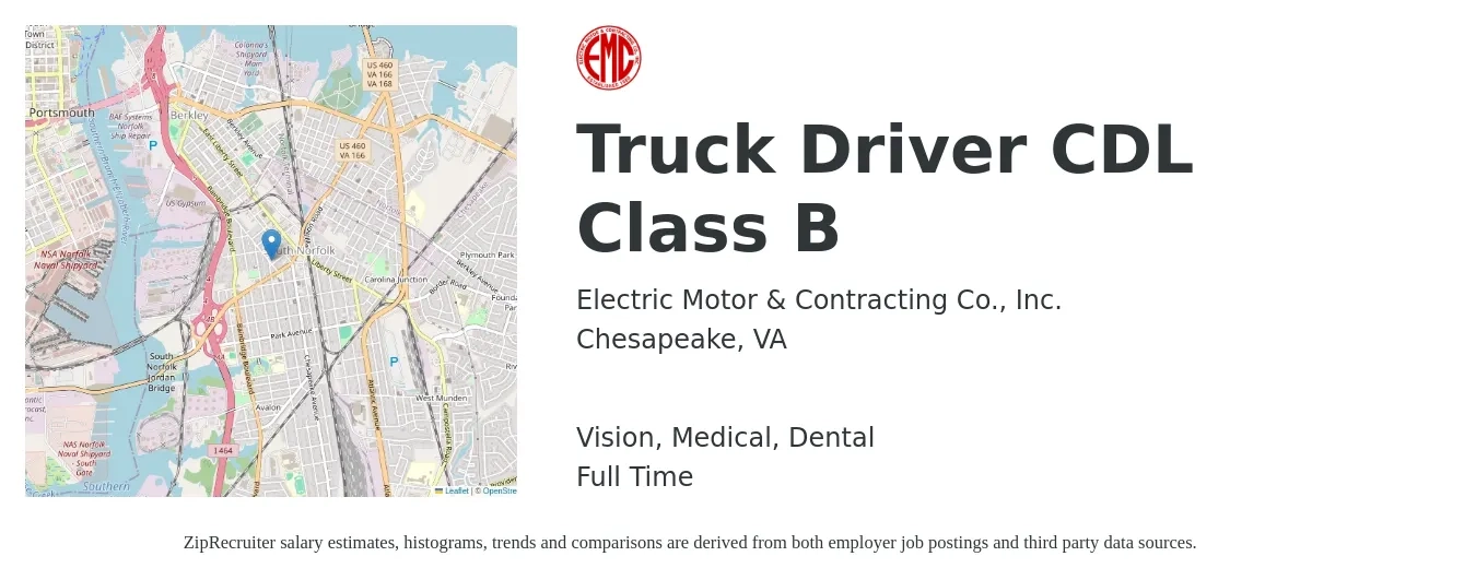 Electric Motor & Contracting Co., Inc. job posting for a Truck Driver CDL Class B in Chesapeake, VA with a salary of $1,170 to $1,680 Weekly and benefits including dental, life_insurance, medical, retirement, and vision with a map of Chesapeake location.