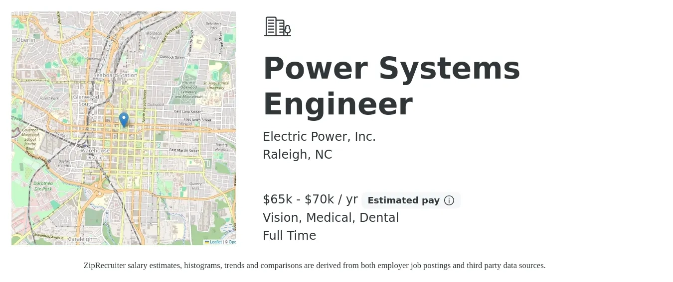 Electric Power, Inc. job posting for a Power Systems Engineer in Raleigh, NC with a salary of $65,000 to $70,000 Yearly and benefits including medical, vision, and dental with a map of Raleigh location.