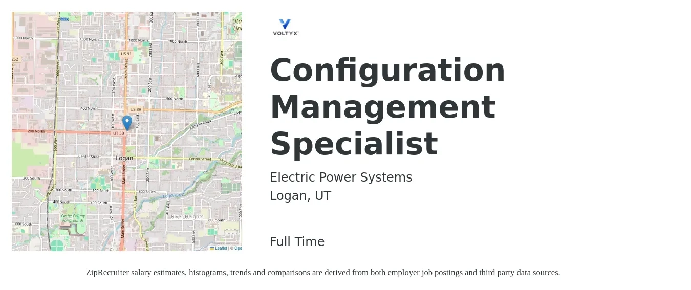 Electric Power Systems job posting for a Configuration Management Specialist in Logan, UT with a salary of $51,700 to $83,100 Yearly with a map of Logan location.