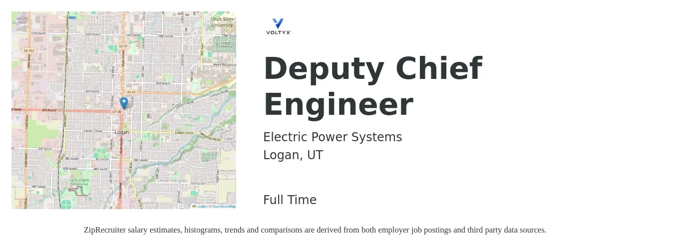 Electric Power Systems job posting for a Deputy Chief Engineer in Logan, UT with a salary of $120,600 to $204,200 Yearly with a map of Logan location.