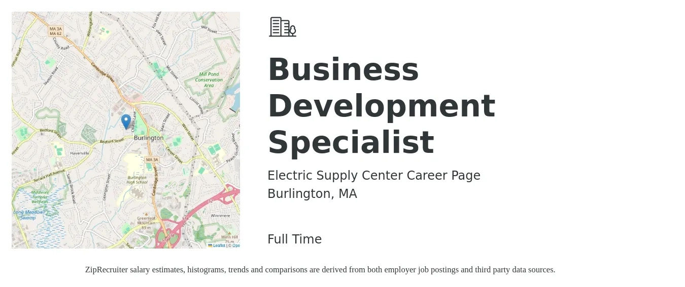 Electric Supply Center Career Page job posting for a Business Development Specialist in Burlington, MA with a salary of $51,100 to $85,400 Yearly with a map of Burlington location.