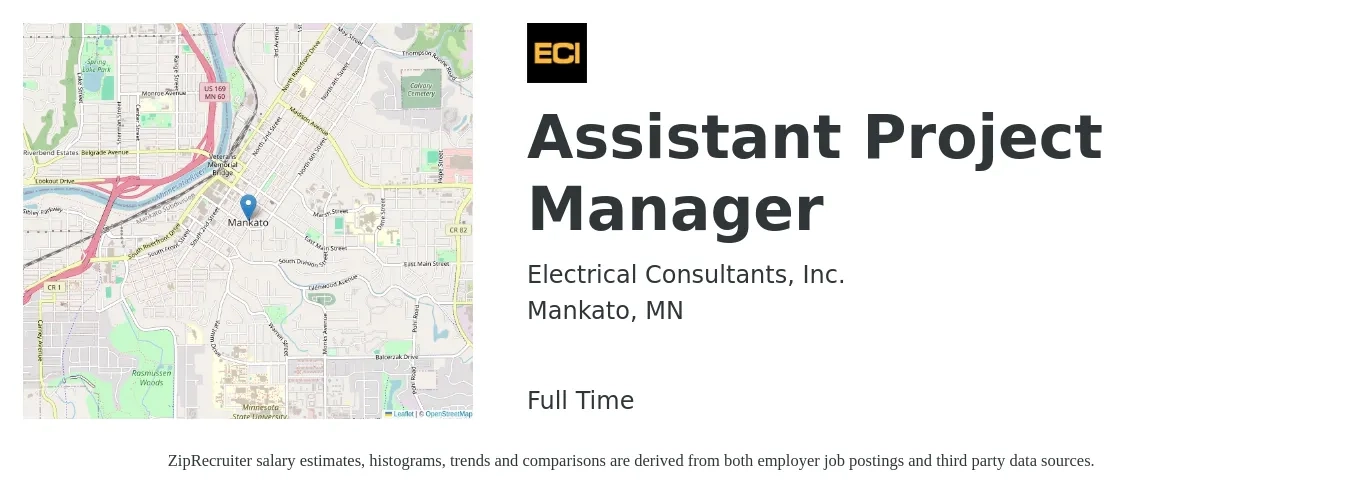 Electrical Consultants, Inc. job posting for a Assistant Project Manager in Mankato, MN with a salary of $52,900 to $87,100 Yearly with a map of Mankato location.