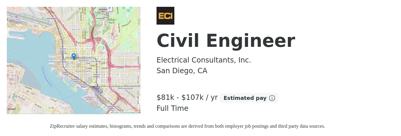 Electrical Consultants, Inc. job posting for a Civil Engineer in San Diego, CA with a salary of $81,000 to $107,000 Yearly with a map of San Diego location.
