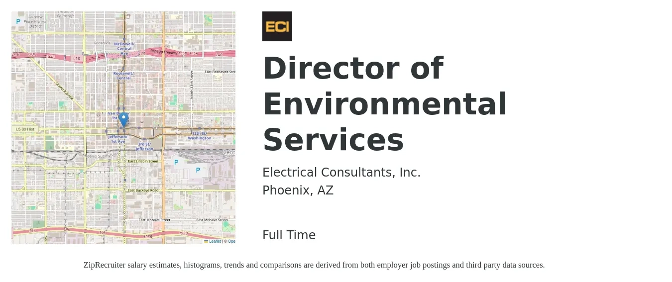 Electrical Consultants, Inc. job posting for a Director of Environmental Services in Phoenix, AZ with a salary of $61,600 to $153,400 Yearly with a map of Phoenix location.
