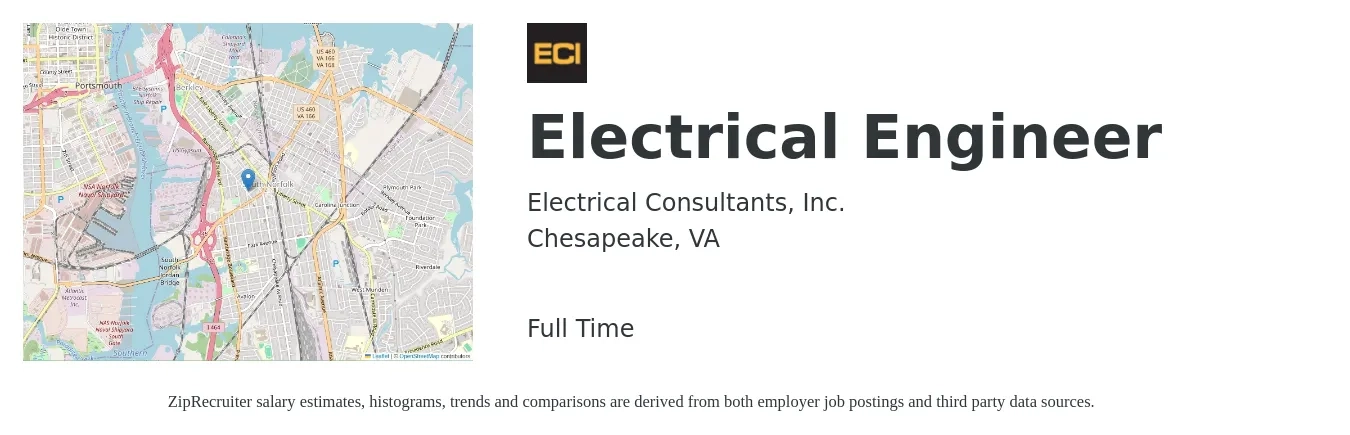 Electrical Consultants, Inc. job posting for a Electrical Engineer in Chesapeake, VA with a salary of $72,400 to $115,200 Yearly with a map of Chesapeake location.